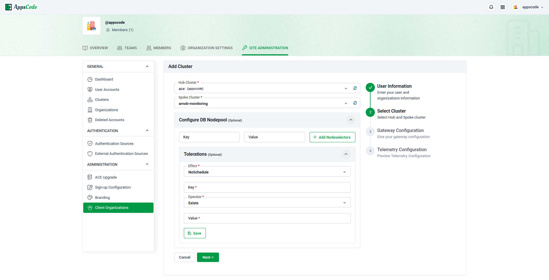 Add Cluster wizard — Select Cluster step with DB nodepool and tolerations expanded