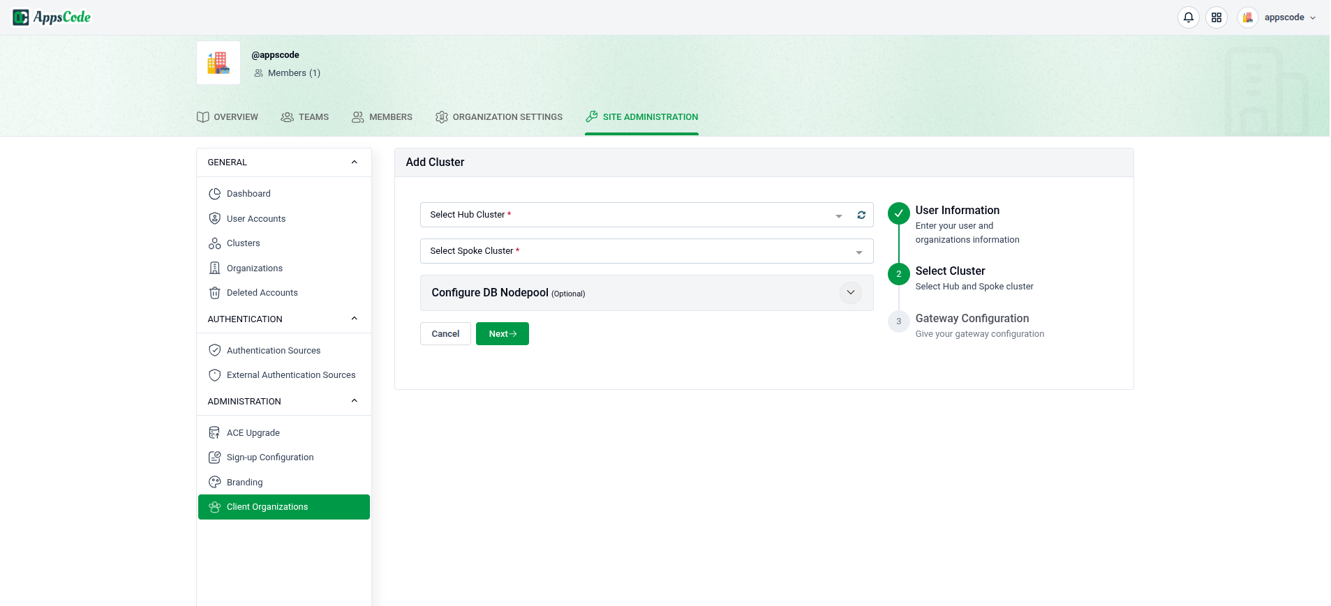 Add Cluster wizard — Select Cluster step with hub cluster, spoke cluster, and DB nodepool