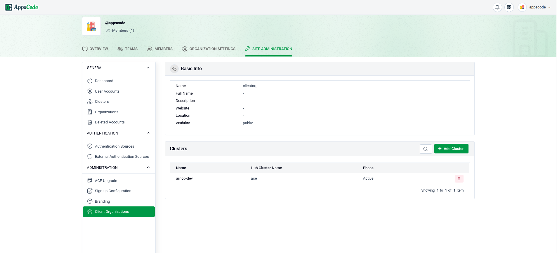 Client organization details page — the Clusters section with the Add Cluster button