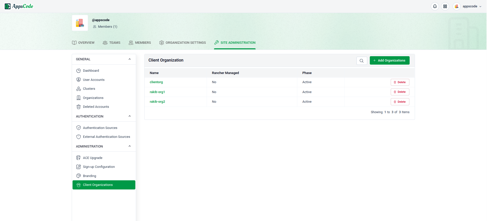 Client Organizations list — click an organization’s name to open its details