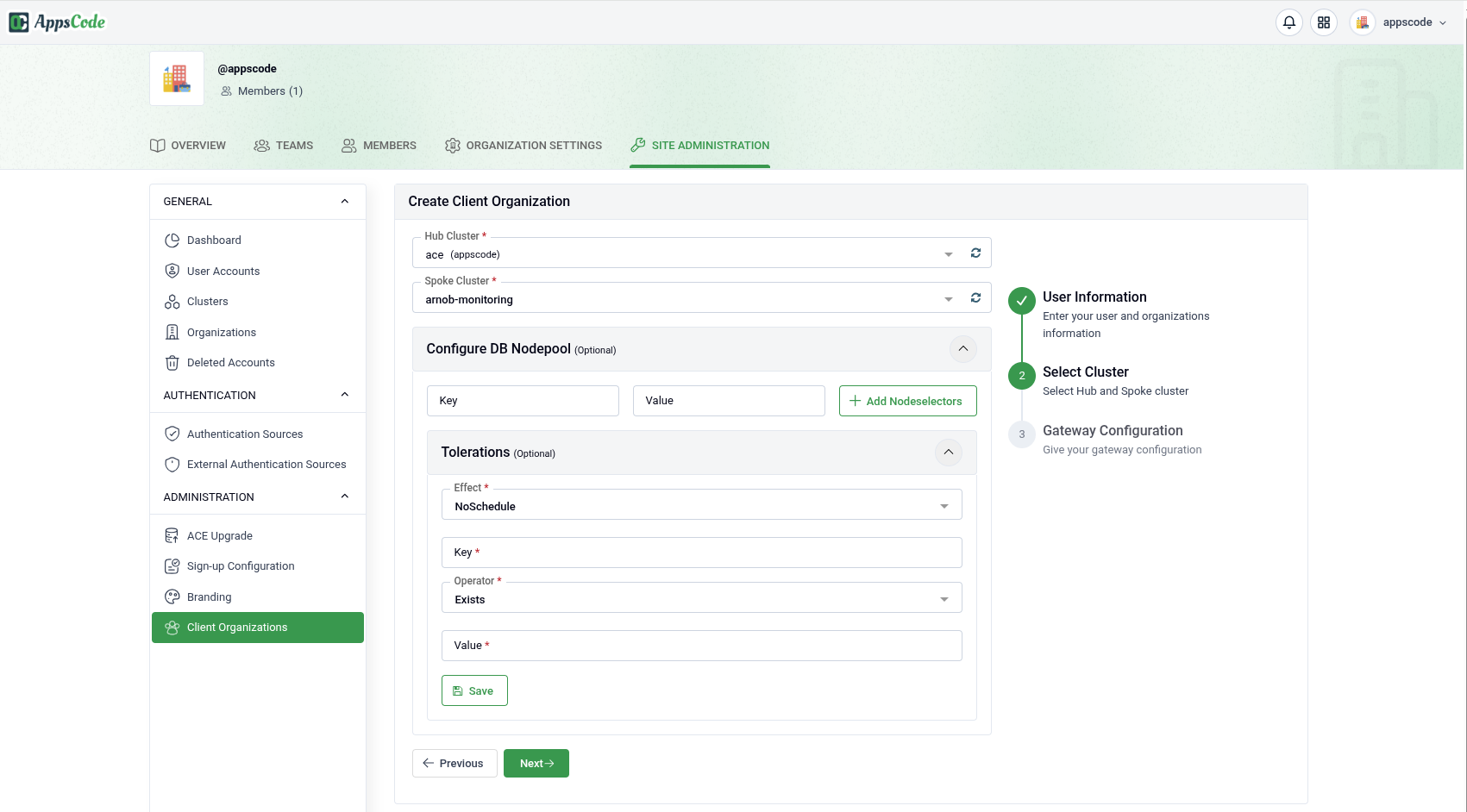 Create Client Organization wizard — Step 2, Select Cluster with hub cluster, spoke cluster, DB nodepool, and tolerations