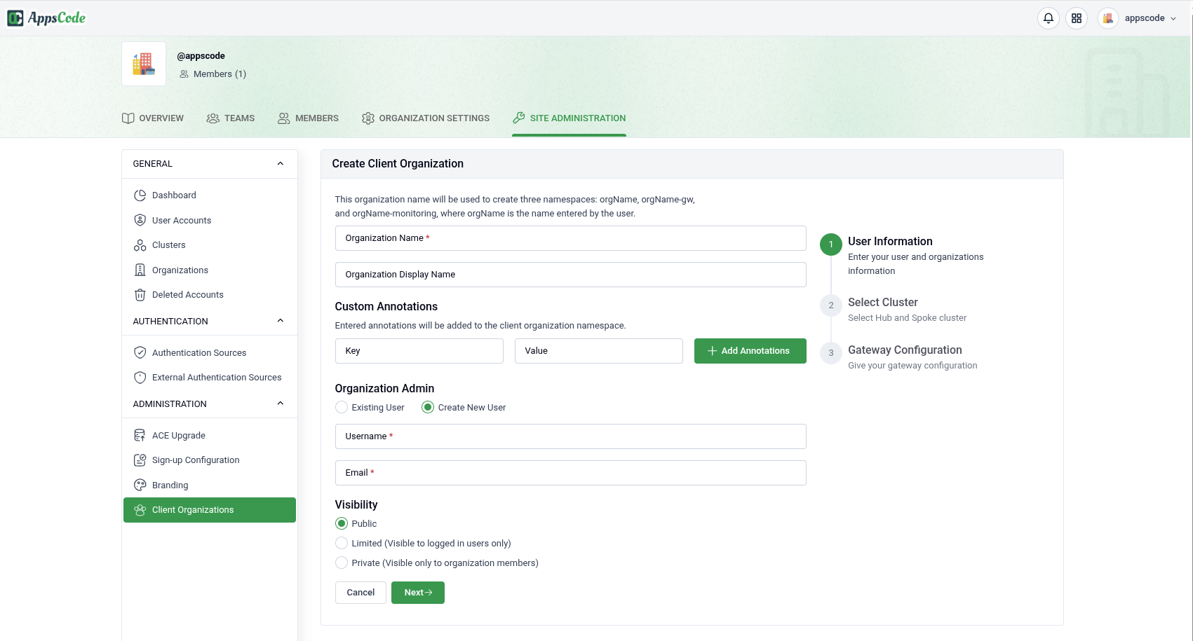 Create Client Organization wizard — Step 1, User Information form with organization name, custom annotations, organization admin, and visibility