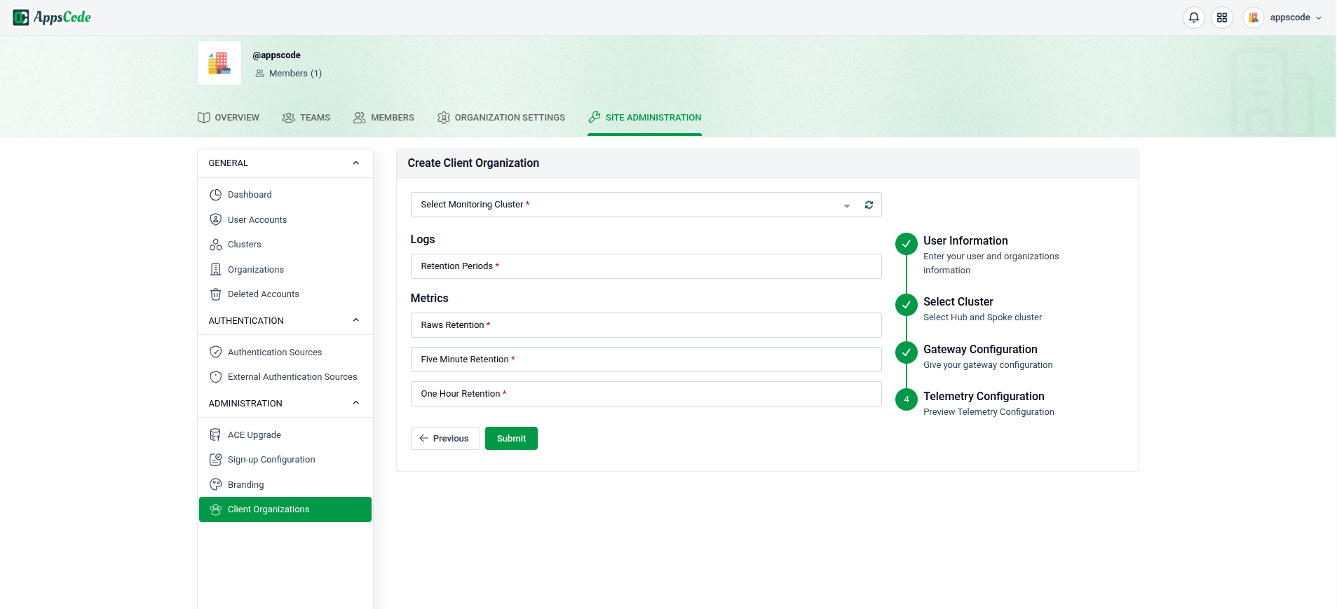 Create Client Organization wizard — Step 4, Telemetry Configuration with monitoring type, log retention, and metrics retention periods