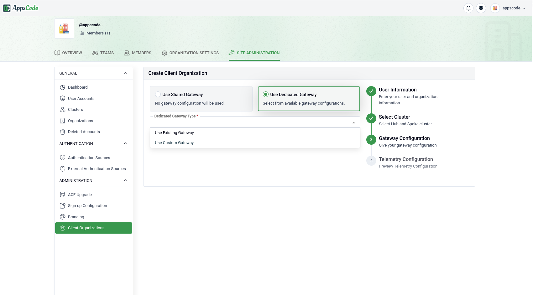 Create Client Organization wizard — Step 3, Use Dedicated Gateway selected with the dedicated gateway type options