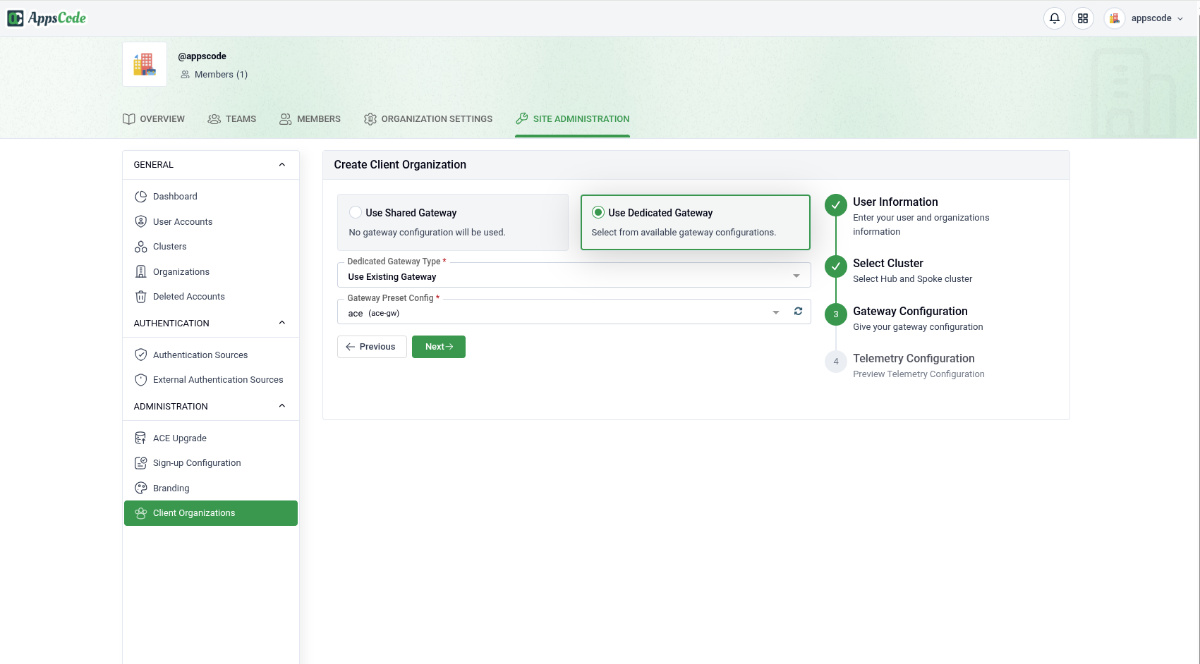 Create Client Organization wizard — dedicated gateway using an existing gateway preset config