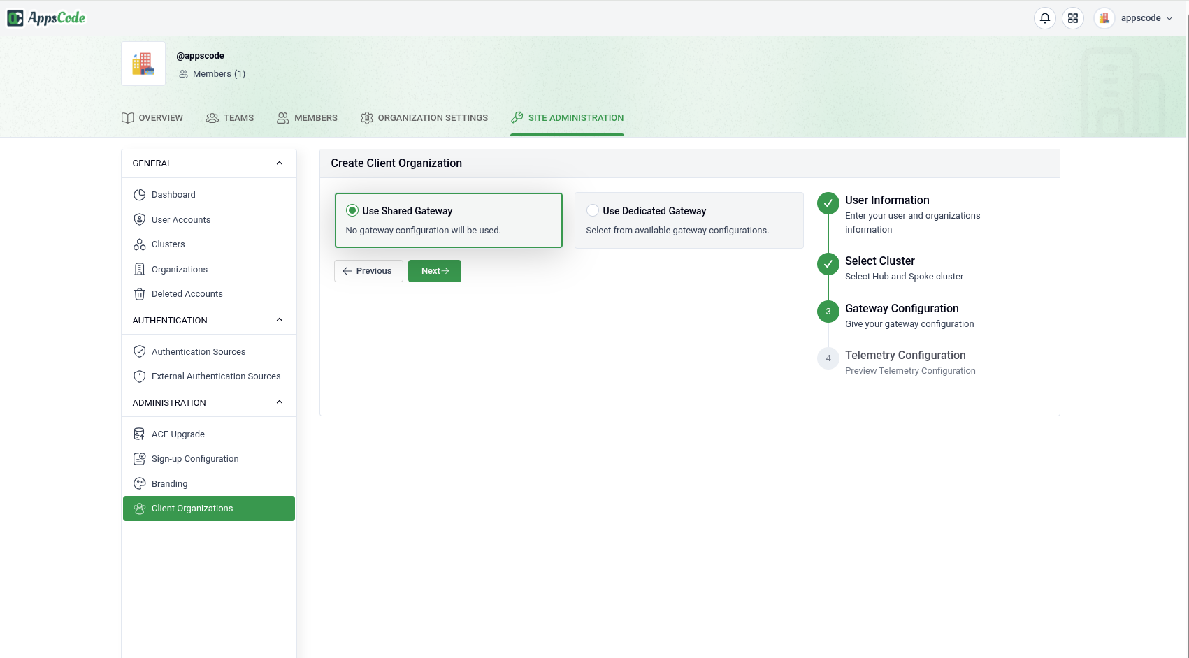 Create Client Organization wizard — Step 3, Use Shared Gateway selected with no extra configuration