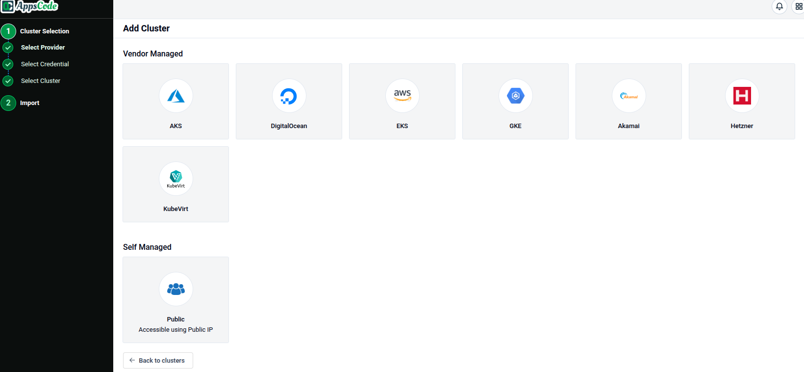 Add Cluster provider selection screen showing Vendor Managed and Self Managed sections with Public option