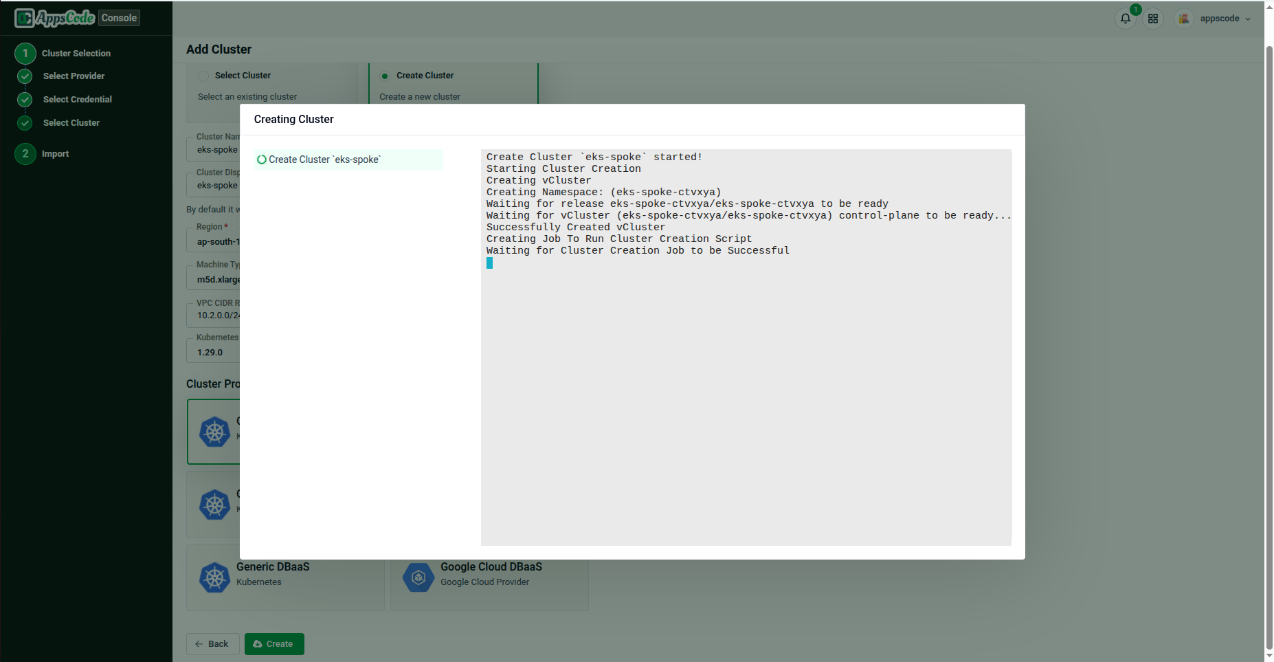 Creating cluster progress modal showing live status log