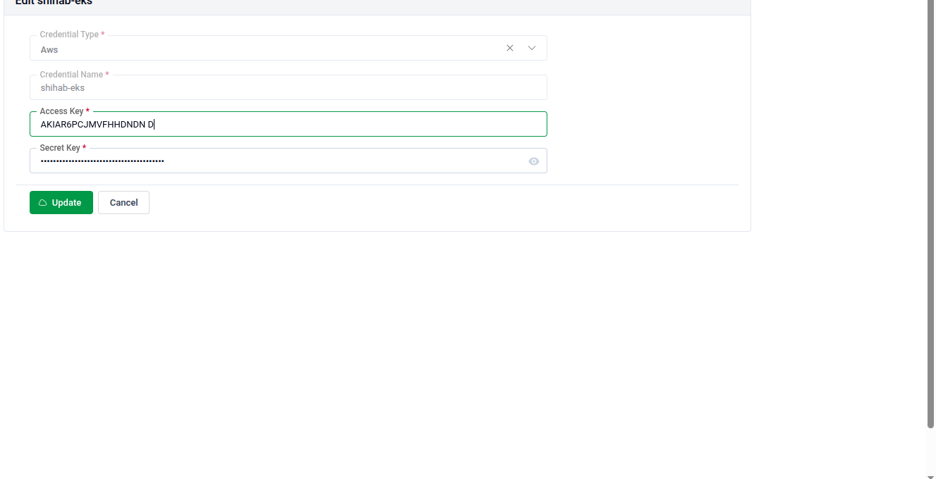 AWS credential form showing Access Key and Secret Key fields