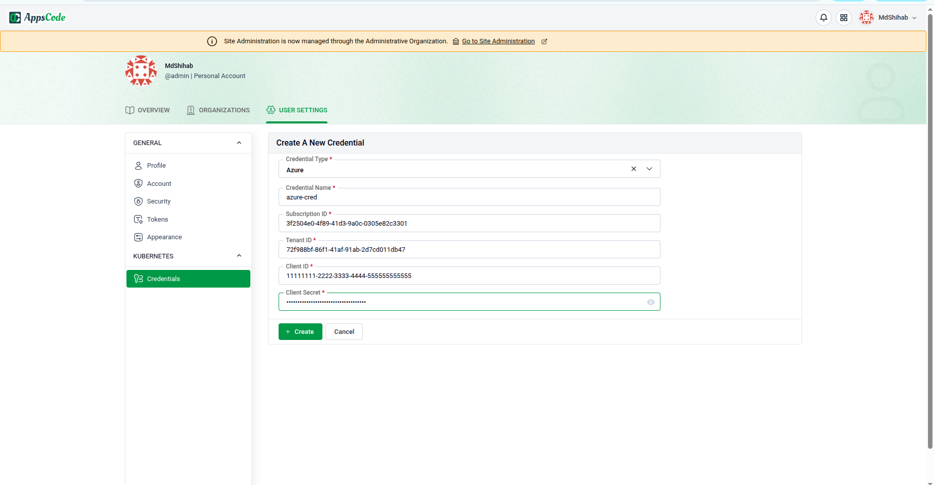 Azure credential form