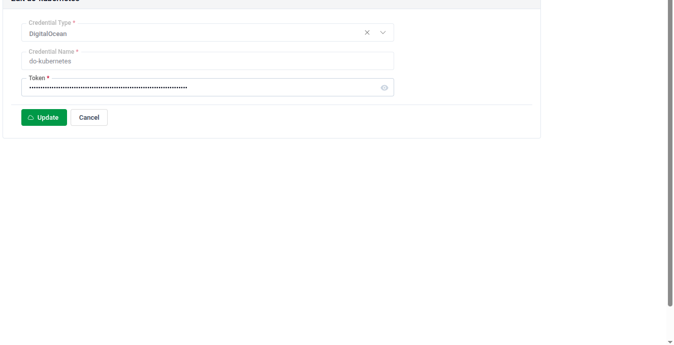 DigitalOcean credential form showing Token field