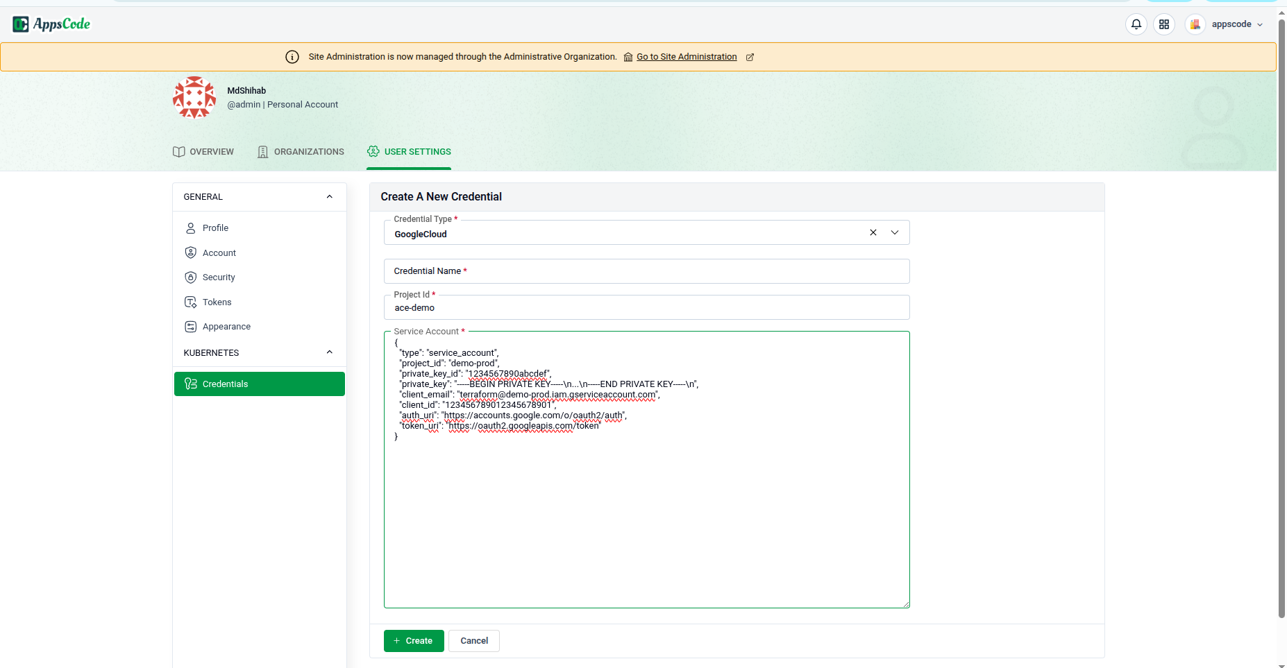 GCP credential form showing Service Account JSON field