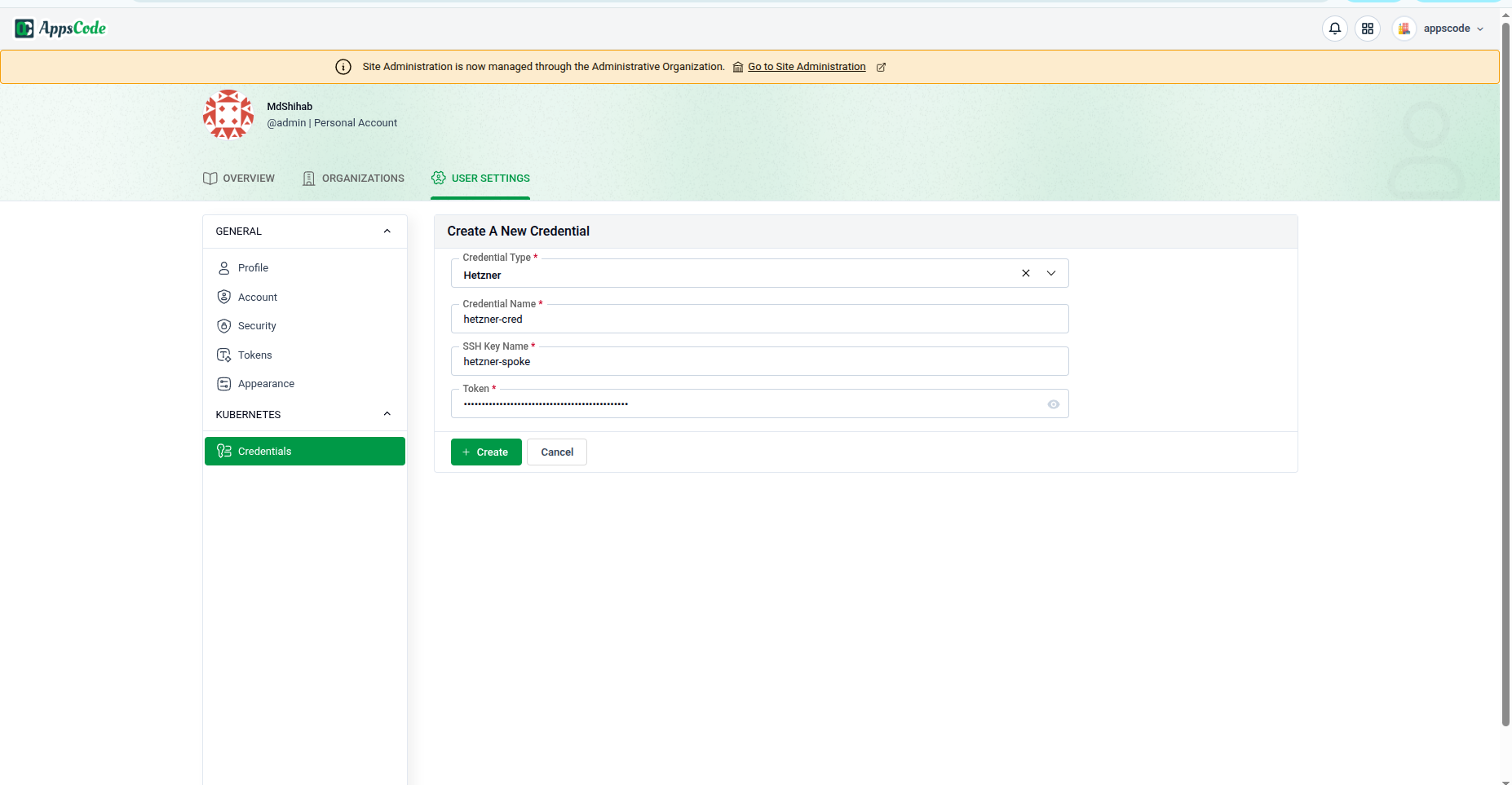 Hetzner credential form showing SSH Key Name and Token fields