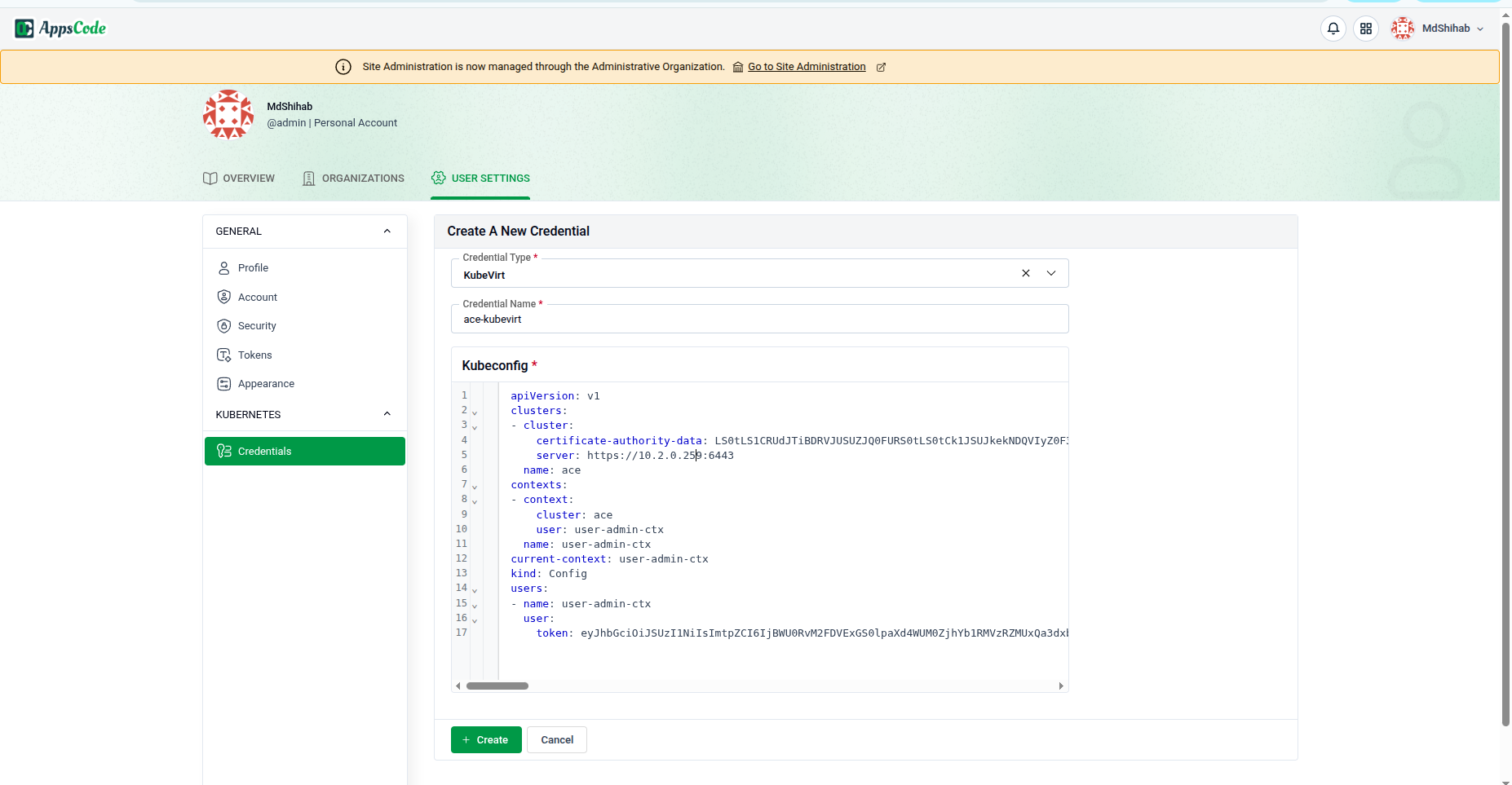 KubeVirt credential form showing Kubeconfig YAML field