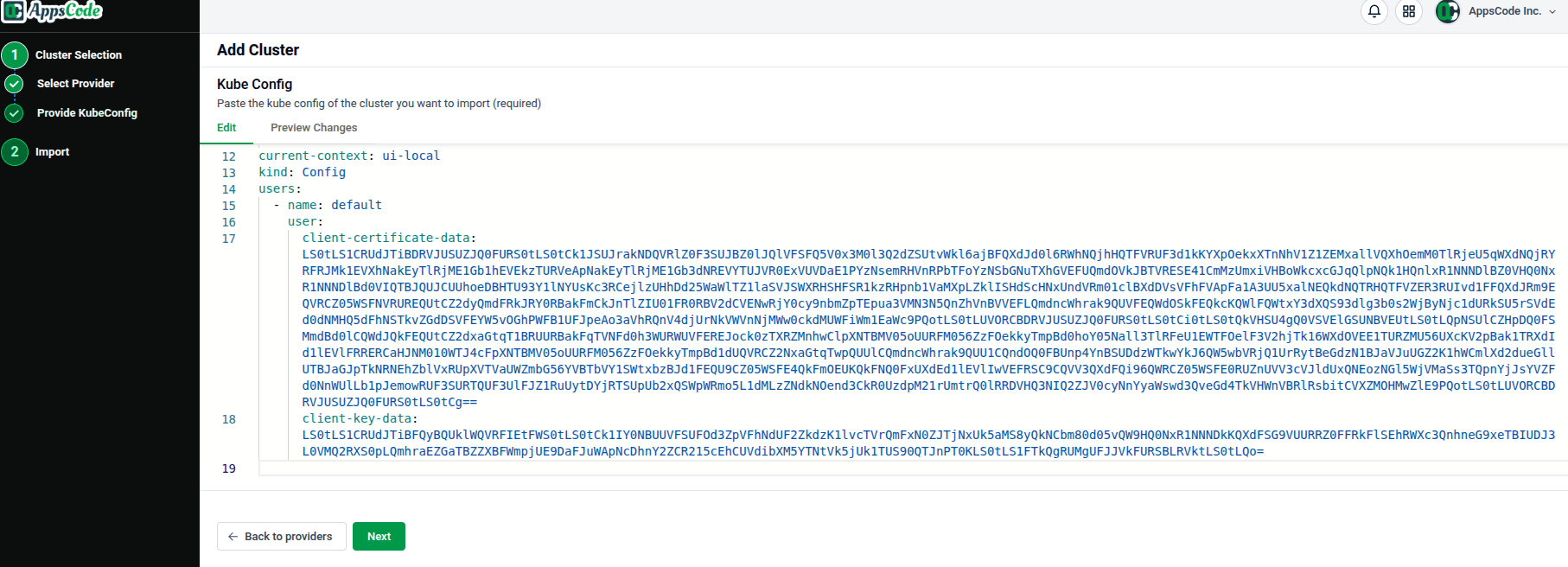 Provide Kubeconfig screen showing YAML editor for public self-managed cluster