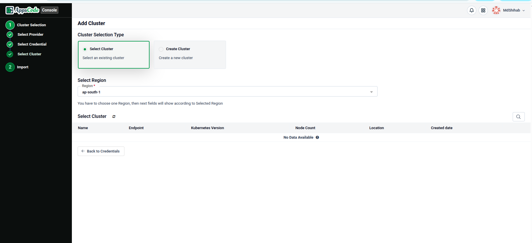 EKS Select Cluster screen showing Region dropdown and cluster list table