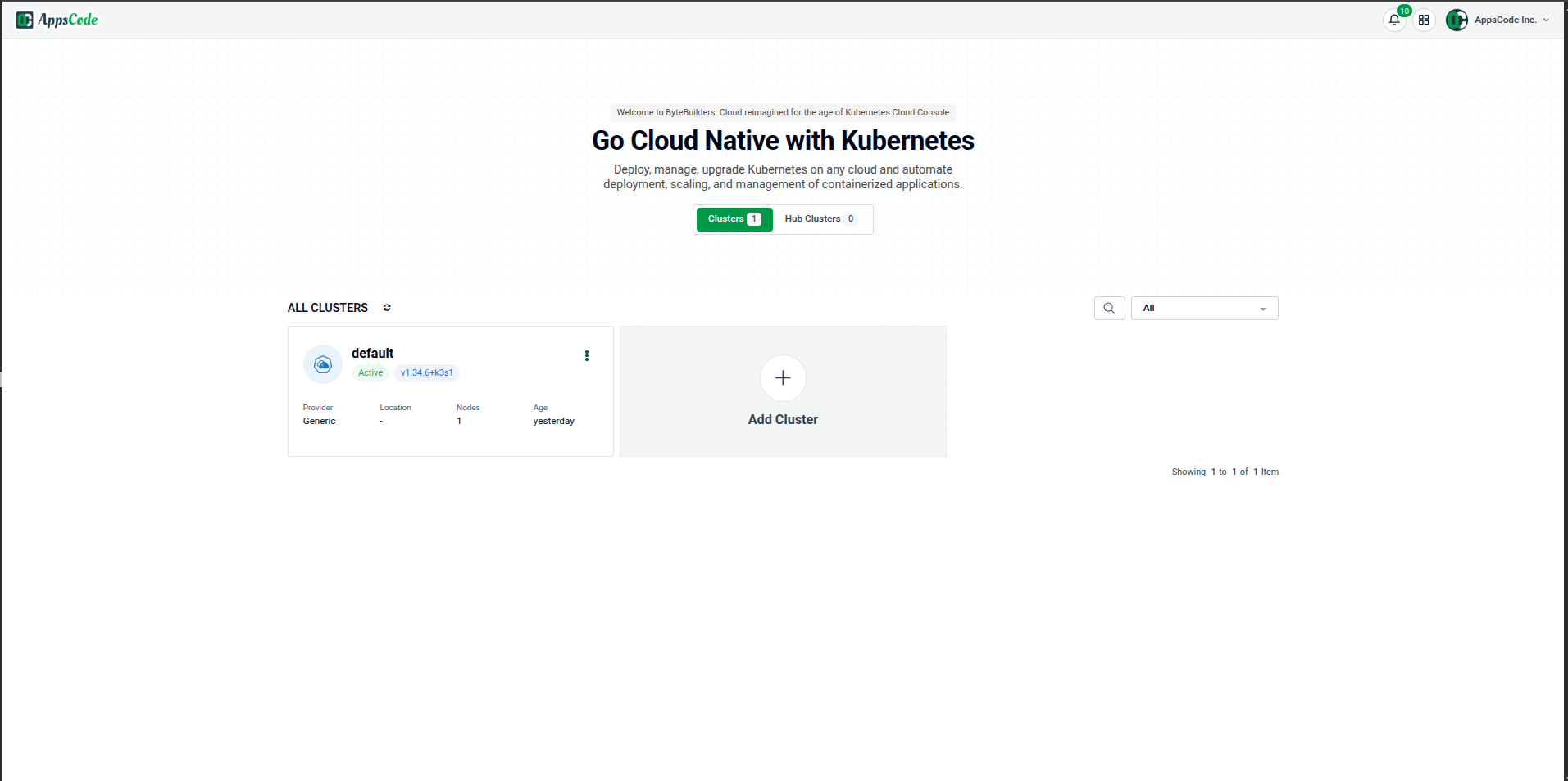 KubeDB Platform home screen showing the cluster list — click a cluster card to open its Overview