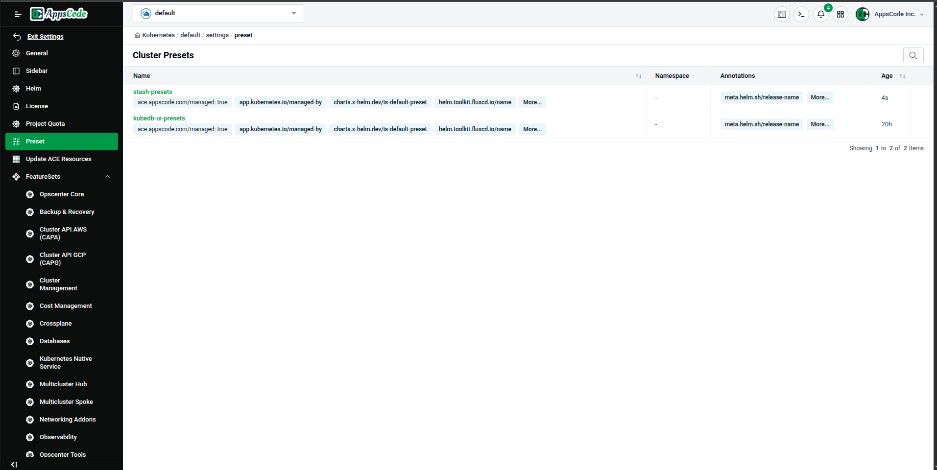 Cluster Presets list after enabling a new Feature Set — “stash-presets” and “kubedb-ui-presets” visible