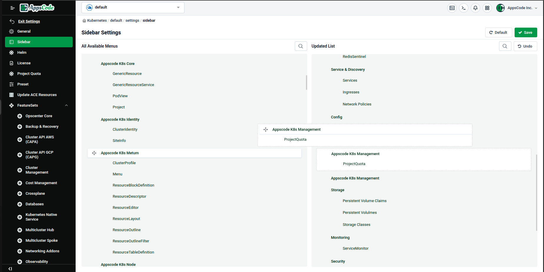 Dragging “ProjectQuota” from Available Menus into the Updated List