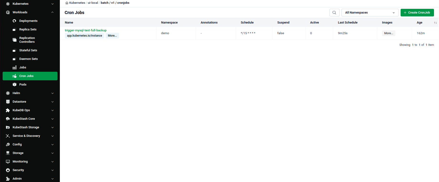 Cron Jobs list page showing schedule, suspend, active, and last schedule columns