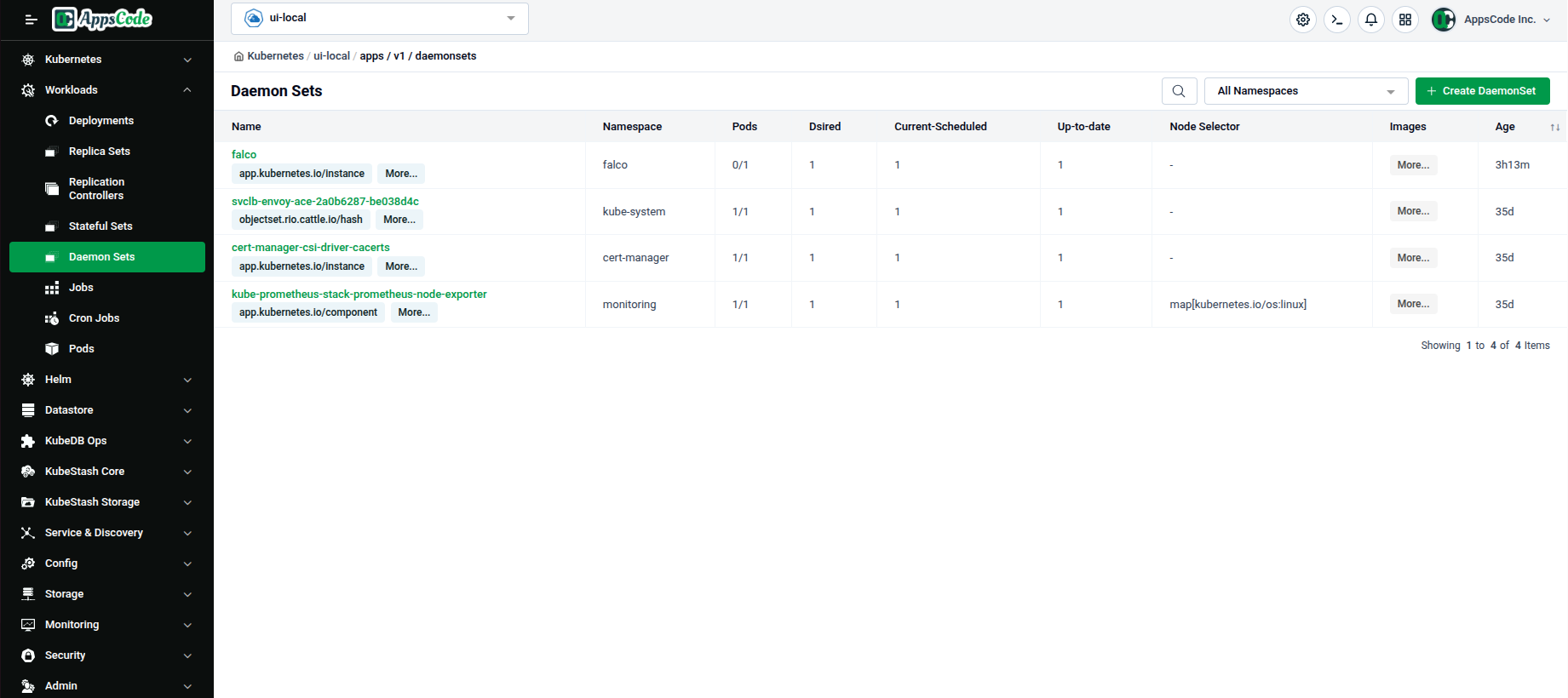 Daemon Sets list page showing desired, current-scheduled, and up-to-date columns