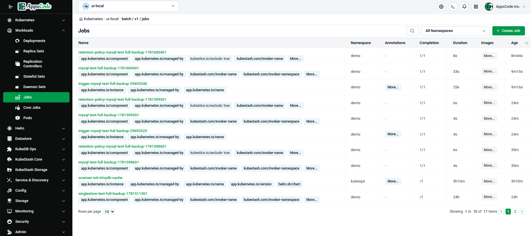 Jobs list page showing completions, duration, images, and age columns