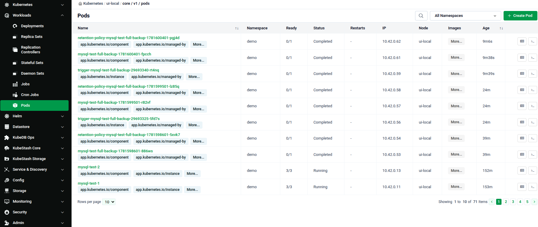 Pods list page showing Ready, Status, Restarts, and IP columns