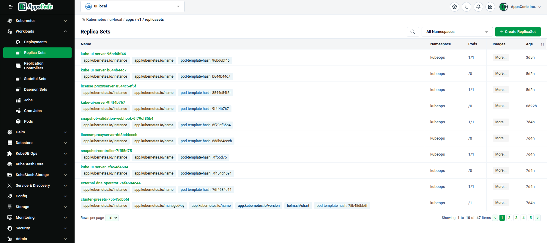 Replica Sets list page showing namespace, pods, images, and age columns