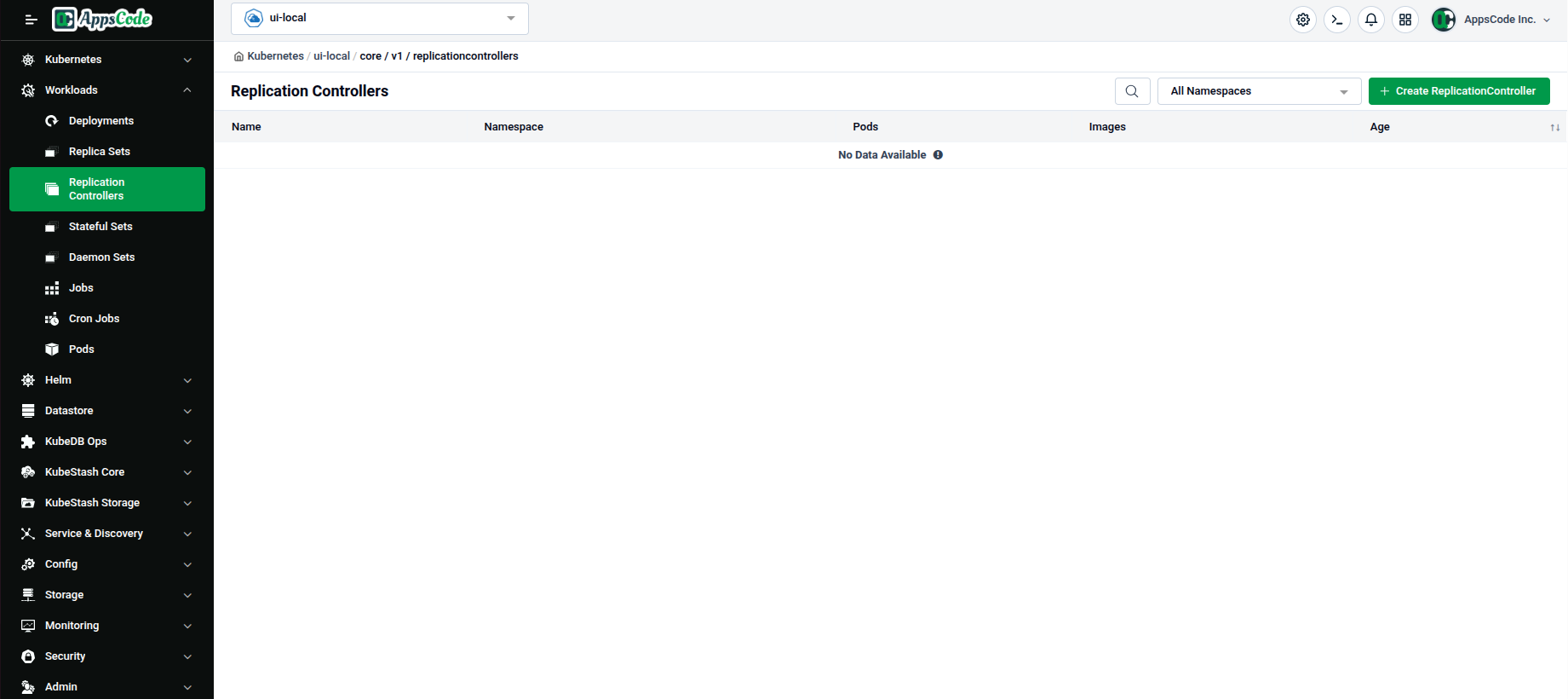 Replication Controllers list page with no data available and a Create ReplicationController button