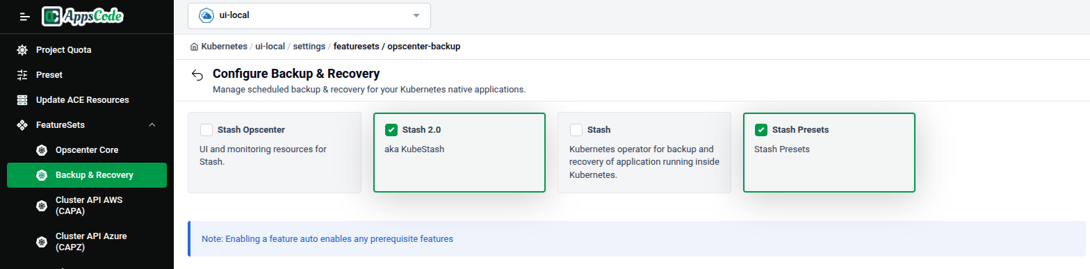 Configure Backup & Recovery feature set showing Stash Opscenter, Stash 2.0, Stash, and Stash Presets