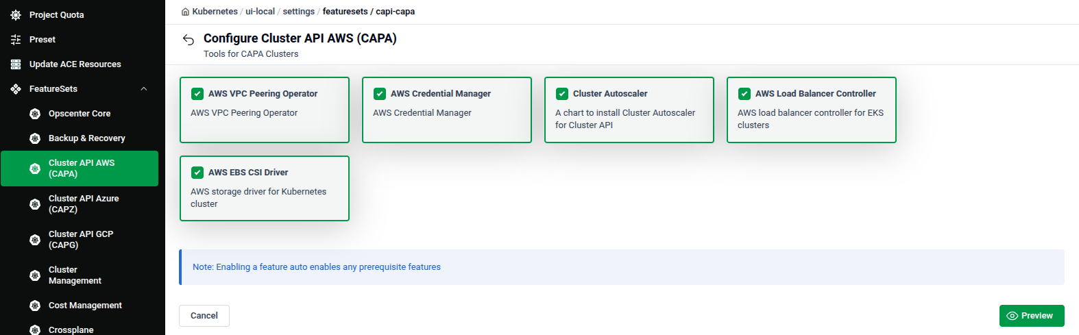 Configure Cluster API AWS (CAPA) feature set showing AWS VPC Peering Operator, AWS Credential Manager, Cluster Autoscaler, AWS Load Balancer Controller, and AWS EBS CSI Driver
