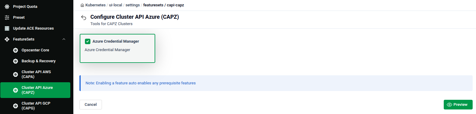 Configure Cluster API Azure (CAPZ) feature set showing Azure Credential Manager