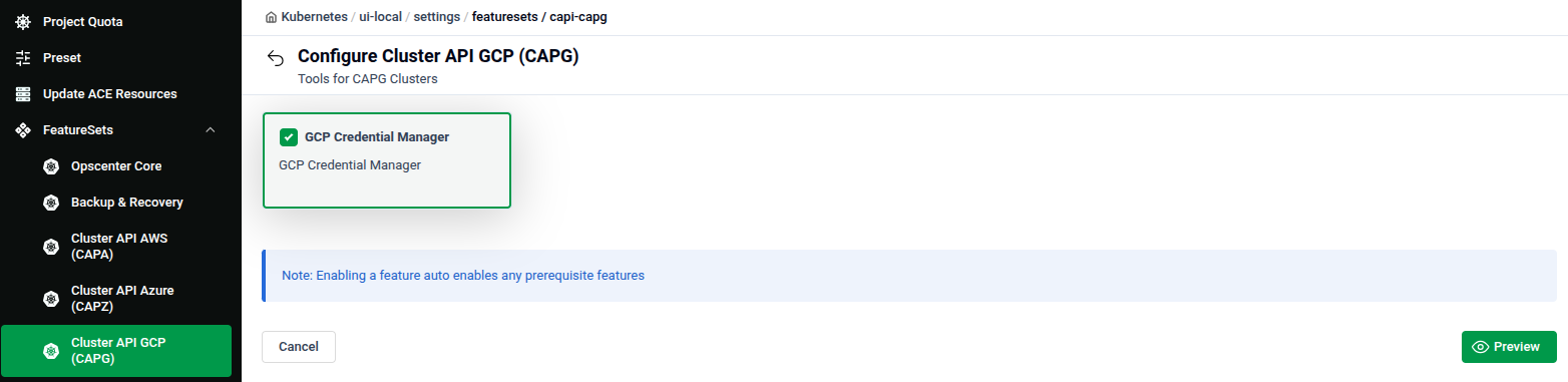 Configure Cluster API GCP (CAPG) feature set showing GCP Credential Manager