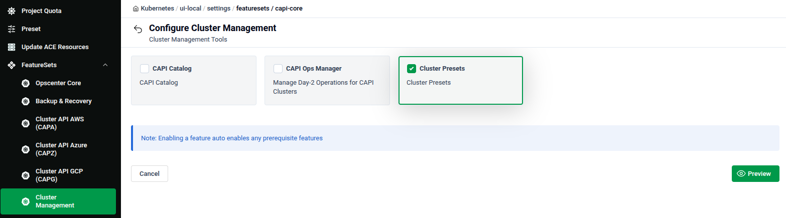 Configure Cluster Management feature set showing CAPI Catalog, CAPI Ops Manager, and Cluster Presets
