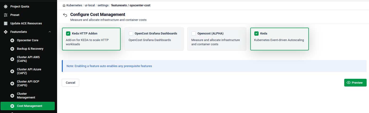 Configure Cost Management feature set showing Keda HTTP Addon, OpenCost Grafana Dashboards, Opencost, and Keda