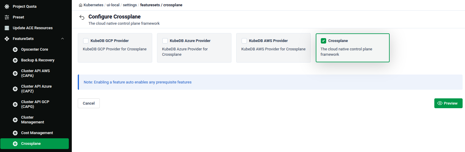 Configure Crossplane feature set showing KubeDB GCP Provider, KubeDB Azure Provider, KubeDB AWS Provider, and Crossplane