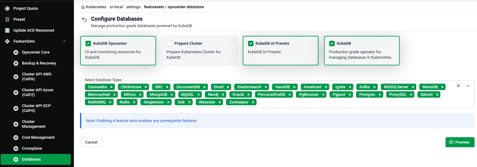 Configure Databases feature set showing KubeDB Opscenter, Prepare Cluster, KubeDB UI Presets, and KubeDB with supported database types