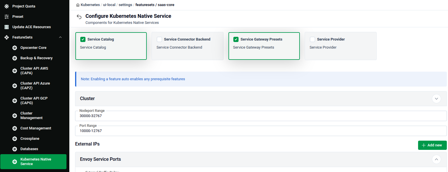 Configure Kubernetes Native Service feature set showing Service Catalog, Service Connector Backend, Service Gateway Presets, and Service Provider