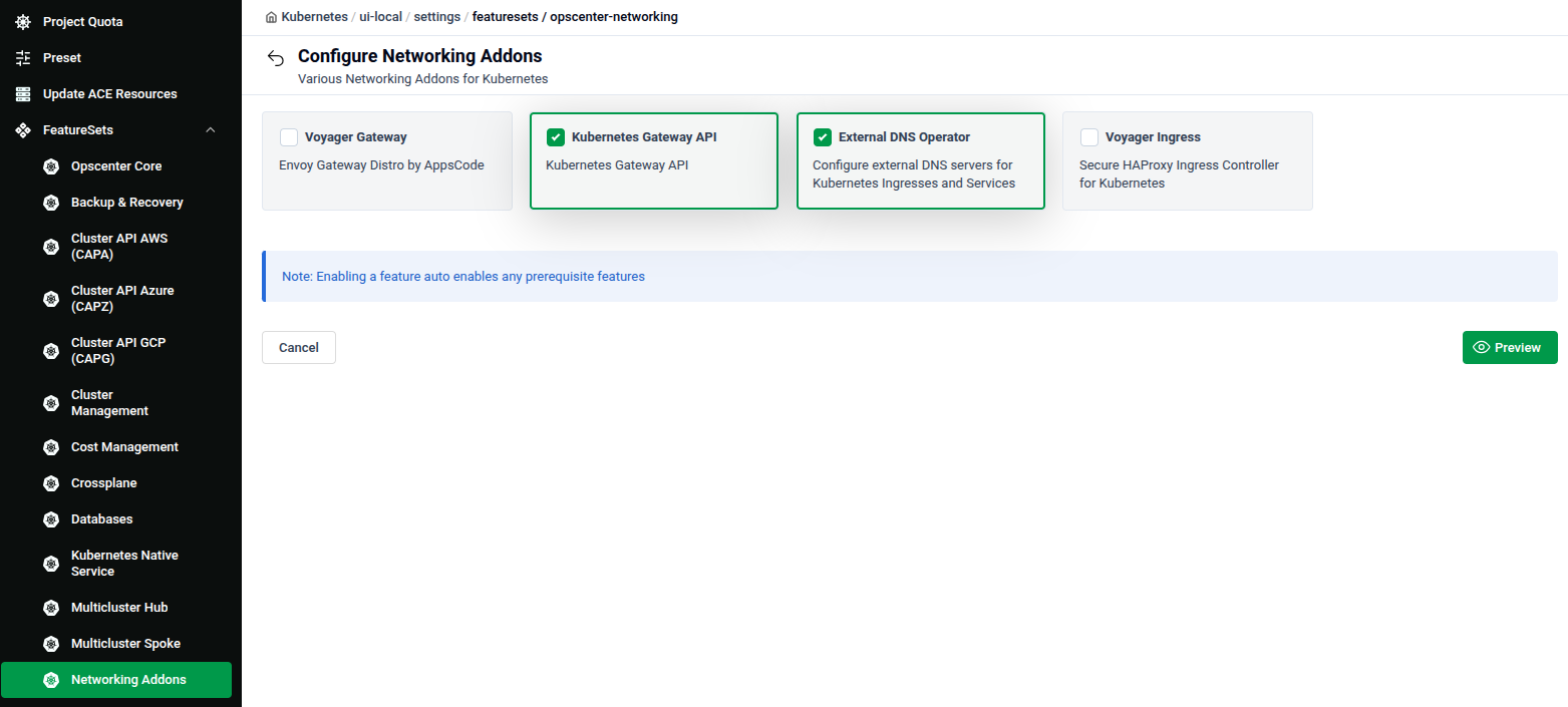 Configure Networking Addons feature set showing Voyager Gateway, Kubernetes Gateway API, External DNS Operator, and Voyager Ingress