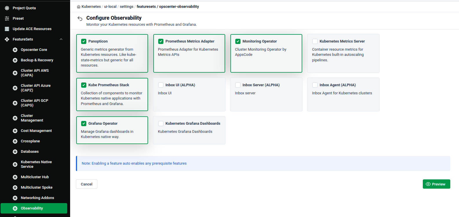 Configure Observability feature set showing Panopticon, Prometheus Metrics Adapter, Monitoring Operator, Kube Prometheus Stack, Grafana Operator, and Inbox components