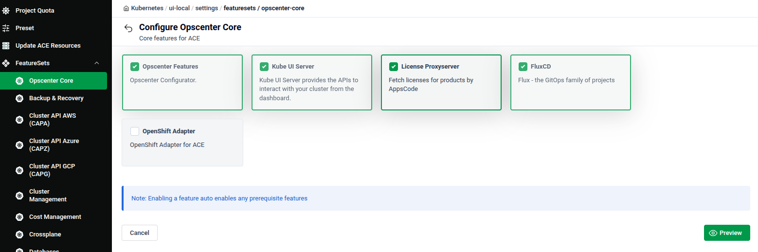 Configure Opscenter Core feature set showing Opscenter Features, Kube UI Server, License Proxyserver, FluxCD, and OpenShift Adapter