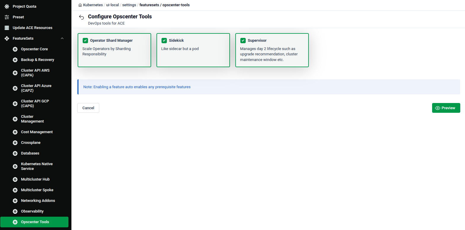 Configure Opscenter Tools feature set showing Operator Shard Manager, Sidekick, and Supervisor