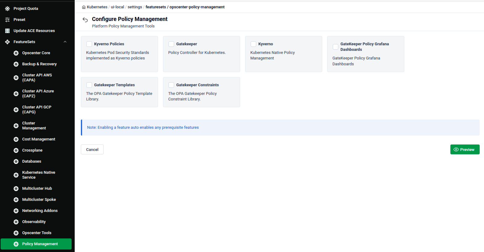 Configure Policy Management feature set showing Kyverno Policies, Gatekeeper, Kyverno, GateKeeper Policy Grafana Dashboards, Gatekeeper Templates, and Gatekeeper Constraints