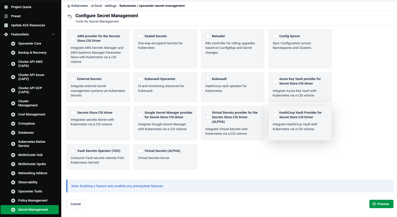 Configure Secret Management feature set showing External Secrets, Kubevault, Config Syncer, Reloader, Sealed Secrets, CSI driver providers, and Virtual Secrets