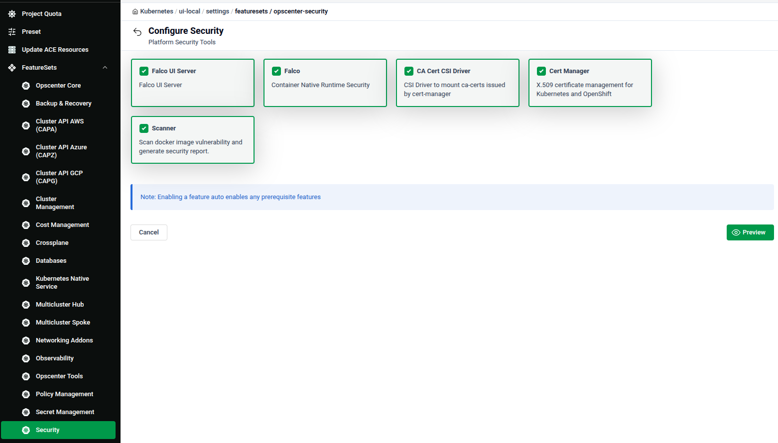 Configure Security feature set showing Falco UI Server, Falco, CA Cert CSI Driver, Cert Manager, and Scanner