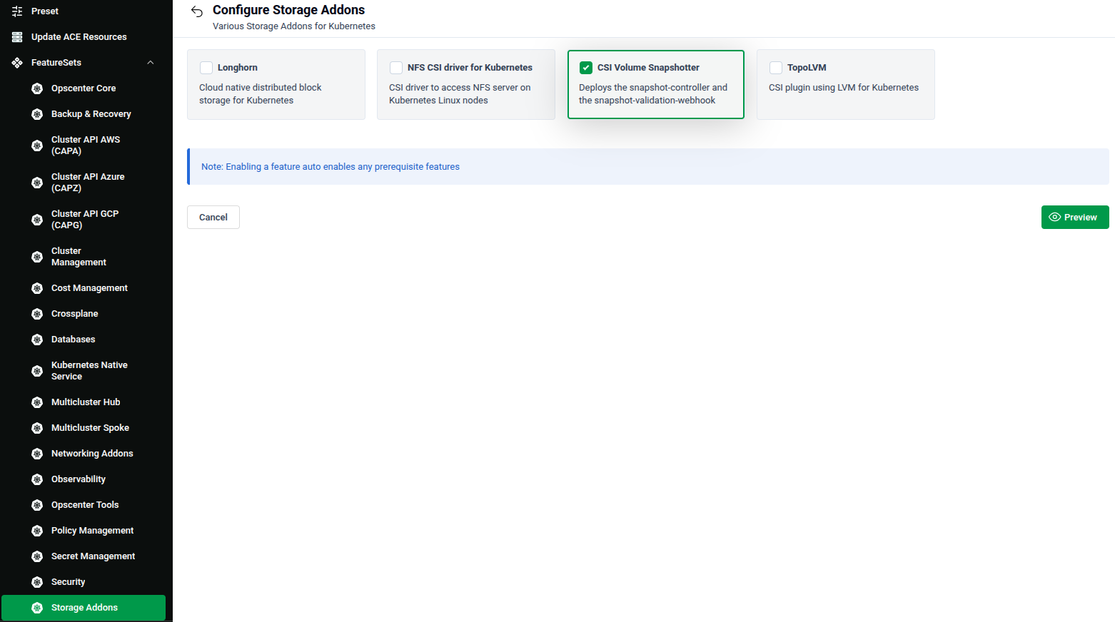 Configure Storage Addons feature set showing Longhorn, NFS CSI driver, CSI Volume Snapshotter, and TopoLVM