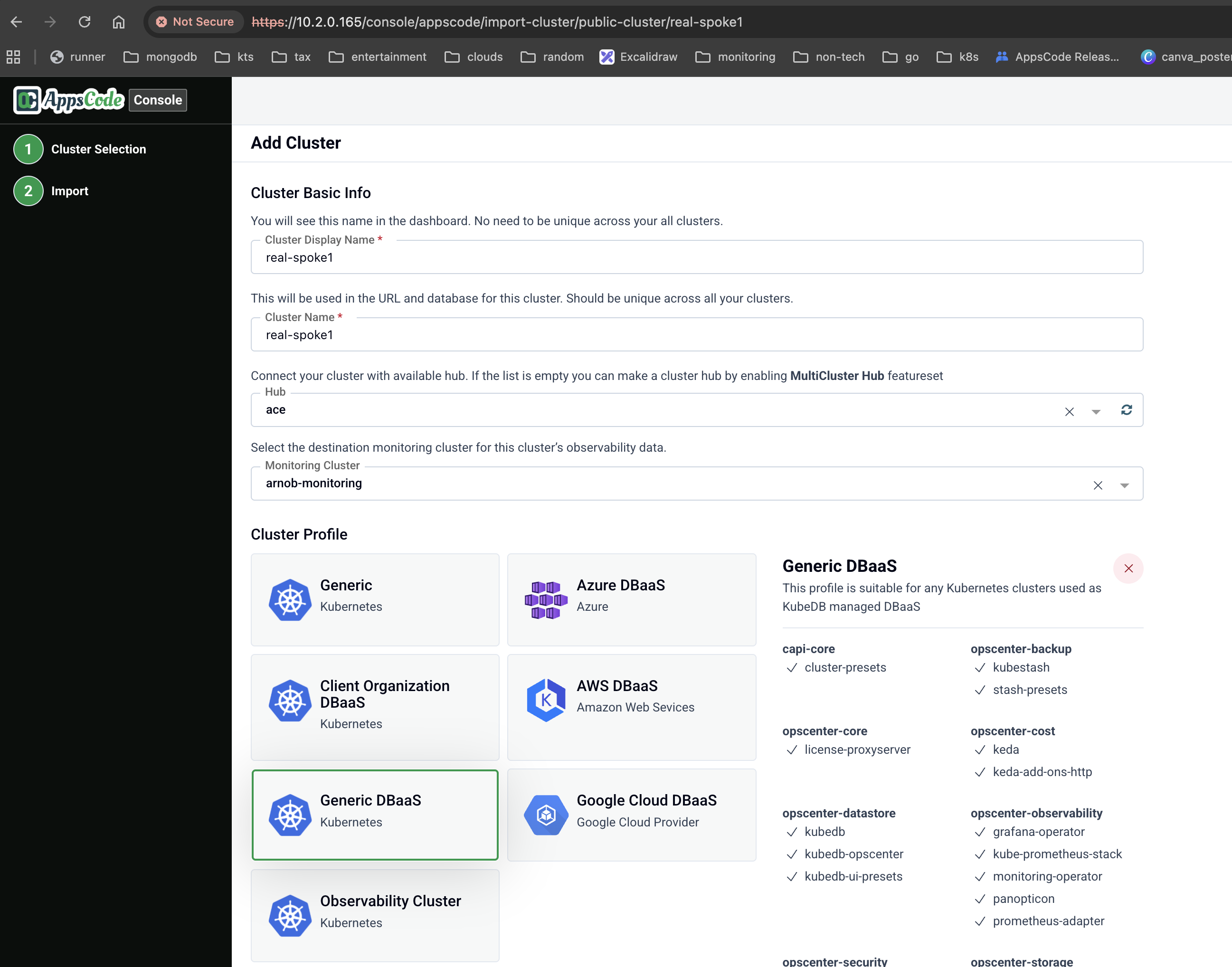 Add Cluster import form with the Monitoring Cluster drop-down set to the observability cluster