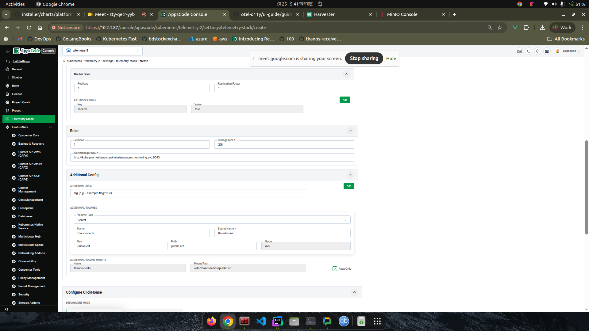 Create TelemetryStack — Ruler, Additional Config, and Clickhouse