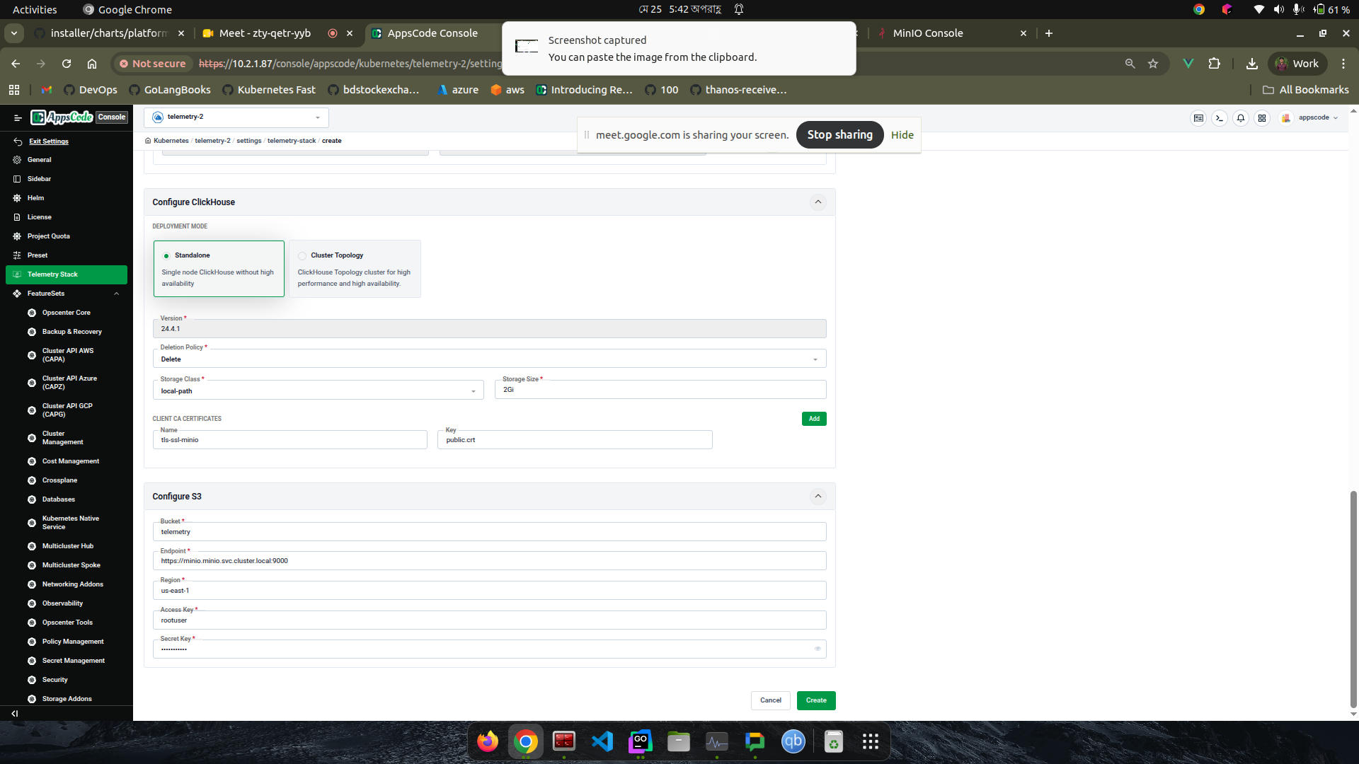 Create TelemetryStack — Clickhouse, S3, and ID configuration