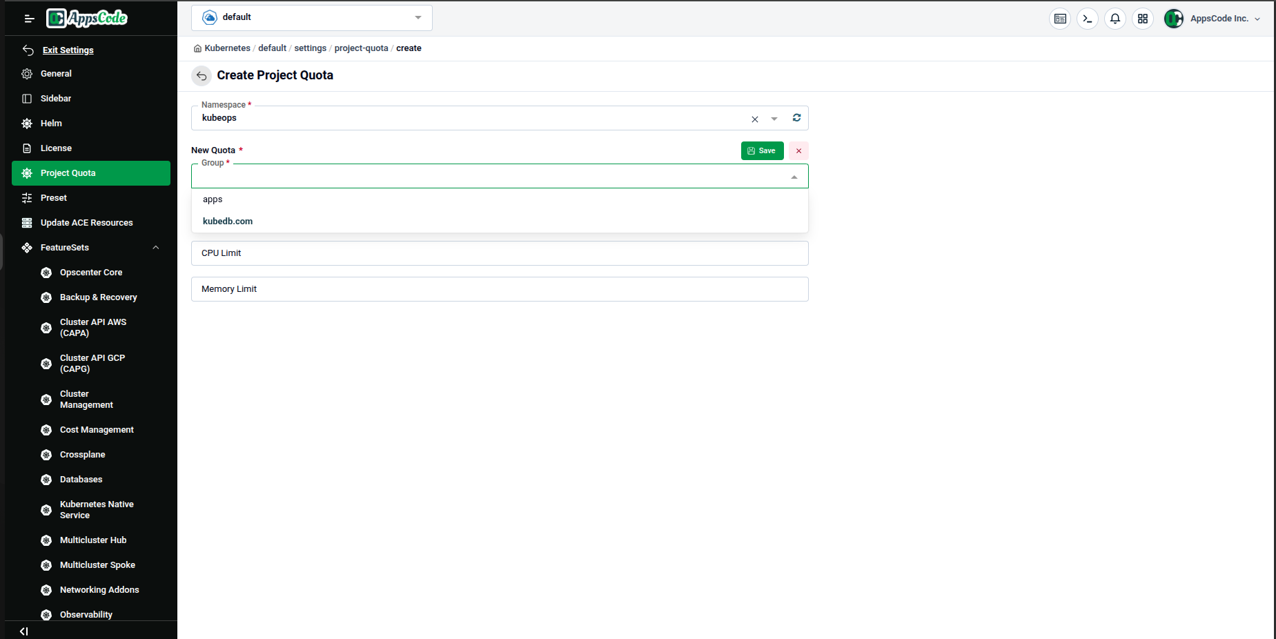 Group dropdown showing “apps” and “kubedb.com” options, with CPU Limit and Memory Limit fields below